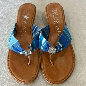 Italian Shoemakers Blue Multi Stretch Fabric Rhinestone Sandal Wedge. Size 8.5